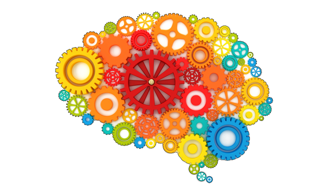 Stylized image of a brain full of cogs that are interconnected